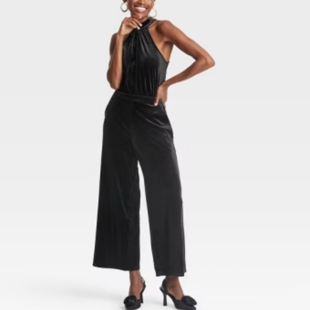 A New Day Black Velvet Halter Wide Leg Jumpsuit XL NWT Holiday Party